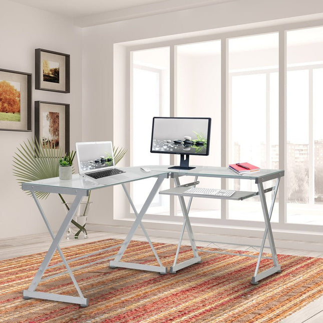 Techni Mobili L-Shaped Tempered Glass Top Computer Desk with Pull Out Keyboard Panel, Clear by Level Up Desks