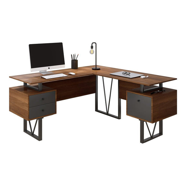Techni Mobili Reversible L-Shape Computer Desk with Drawers and File Cabinet, Walnut by Level Up Desks