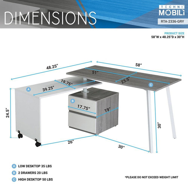Techni Mobili Rotating Multi-Positional Modern Desk, Grey by Level Up Desks