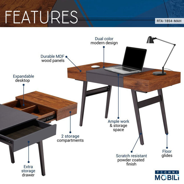 Techni Mobili Writing Desk - Dual Side & Pull-Out Front Drawer - Coated Grey Steel Frame - Mahogany by Level Up Desks