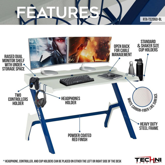 Techni Sport Ergonomic Computer Gaming  Desk Workstation with Cupholder & Headphone Hook, Blue by Level Up Desks