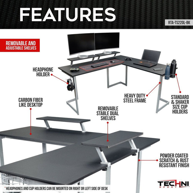 Techni Sport Warrior L-Shaped Gaming Desk, Black by Level Up Desks