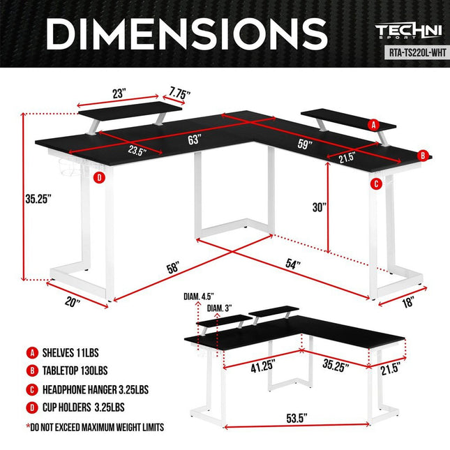 Techni Sport Warrior L-Shaped Gaming Desk, White by Level Up Desks