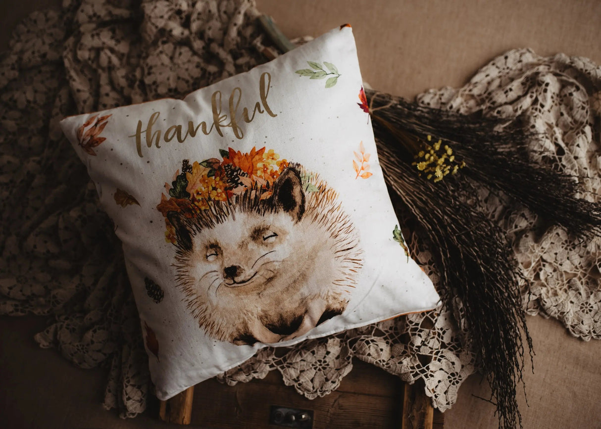 Thankful Hedgehog Pillow Cover | 16x16 Throw Pillow Thanksgiving Décor | Farmhouse Pillows | Country Decor | Fall Throw Pillows | Gift by UniikPillows