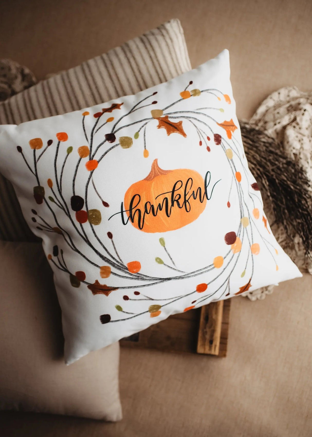 Thankful Primitive Pumpkin Wreath Pillow Cover |  Thanksgiving Décor | Farmhouse Pillows | Country Decor | Fall Throw Pillows | Gift for her by UniikPillows