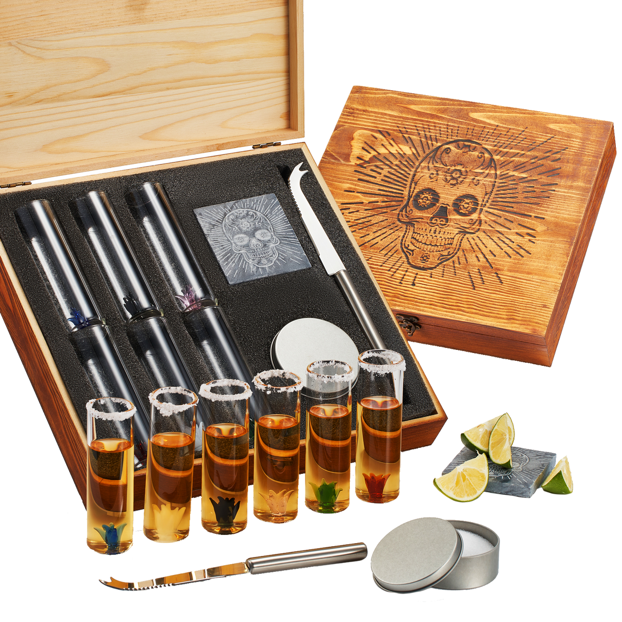 Tequila Shot Glass & Salt Gift Set for Men & Women | Six Agave Shot Glasses, Knife For Limes, One Skull Coaster, One Salt Tin | Skeleton Mahogany Wood Box Package For Tequila, Liquor Lovers by The Wine Savant