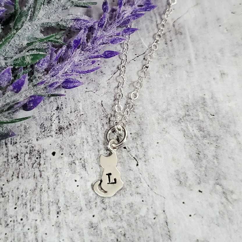 Tiny Cat Silver Initial Necklace by Salt and Sparkle