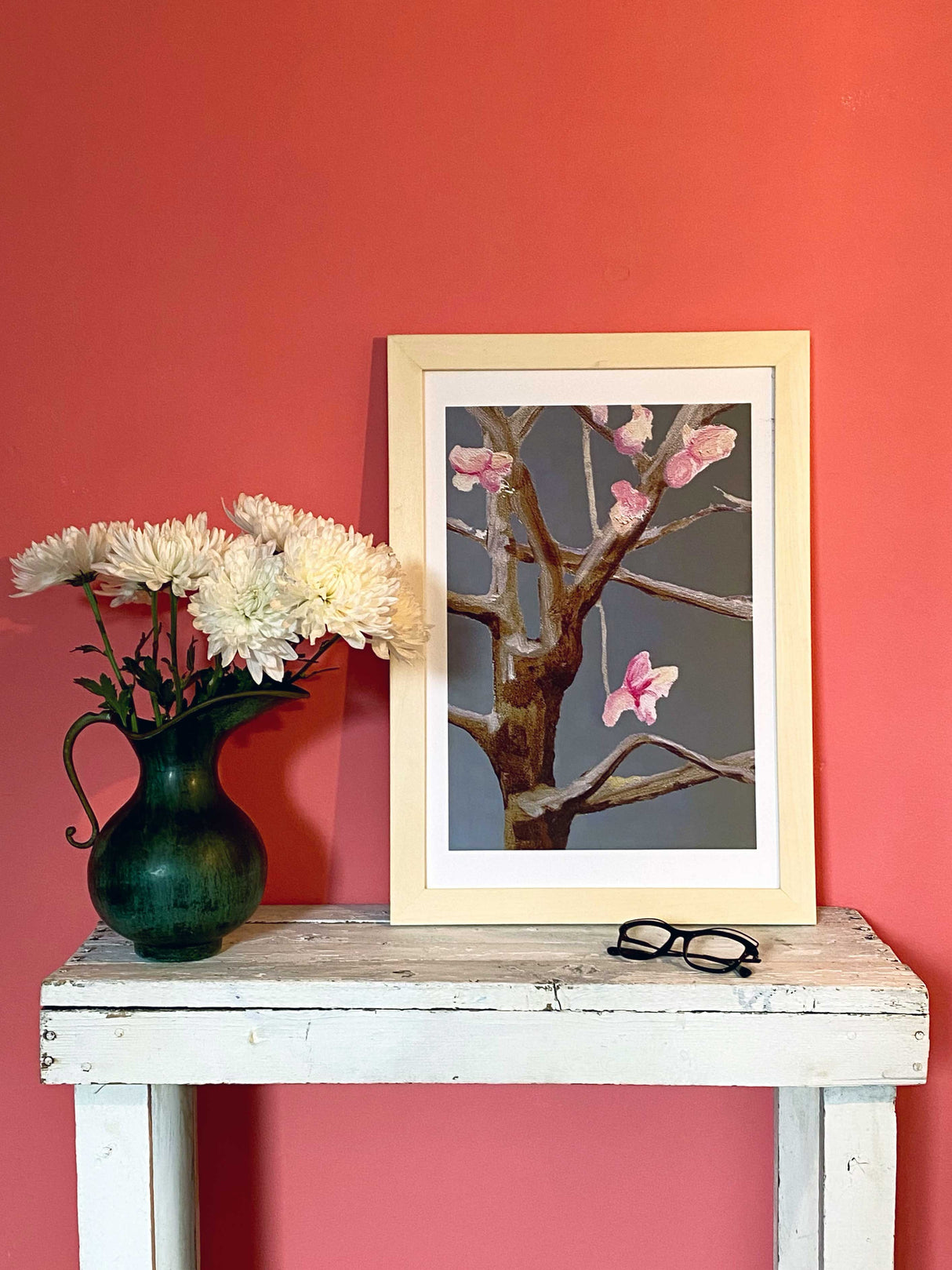 Art Print:  Tree with Pink Flowers on Dark Grey by India & Purry