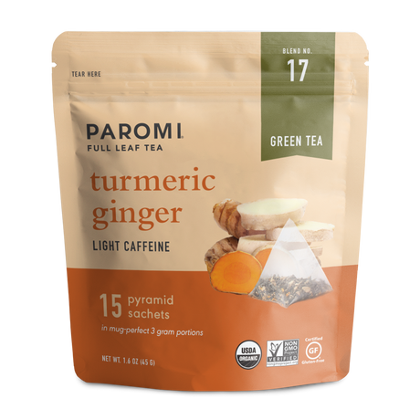 Organic Turmeric Ginger Green Tea, Full Leaf, in Pyramid Tea Bags by Paromi Tea