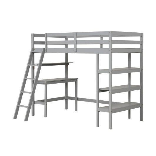 Twin Size Loft Bed with Desk and Bookshelves for Kids and Teens-Gray