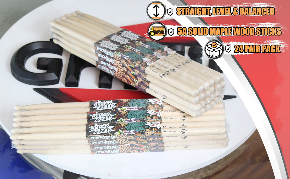 GRIFFIN Attack Zzzap Drum Sticks - 24 Pairs of Select Elite Maple Wood Size 5A - Drummers Percussion Classic Pure Grit Uncoated, Raw Wood Drumming Sticks by GeekStands.com