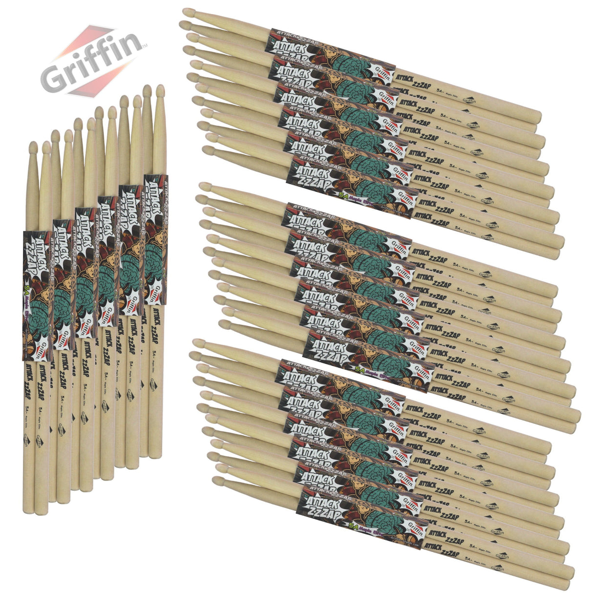 GRIFFIN Attack Zzzap Drum Sticks - 24 Pairs of Select Elite Maple Wood Size 5A - Drummers Percussion Classic Pure Grit Uncoated, Raw Wood Drumming Sticks by GeekStands.com