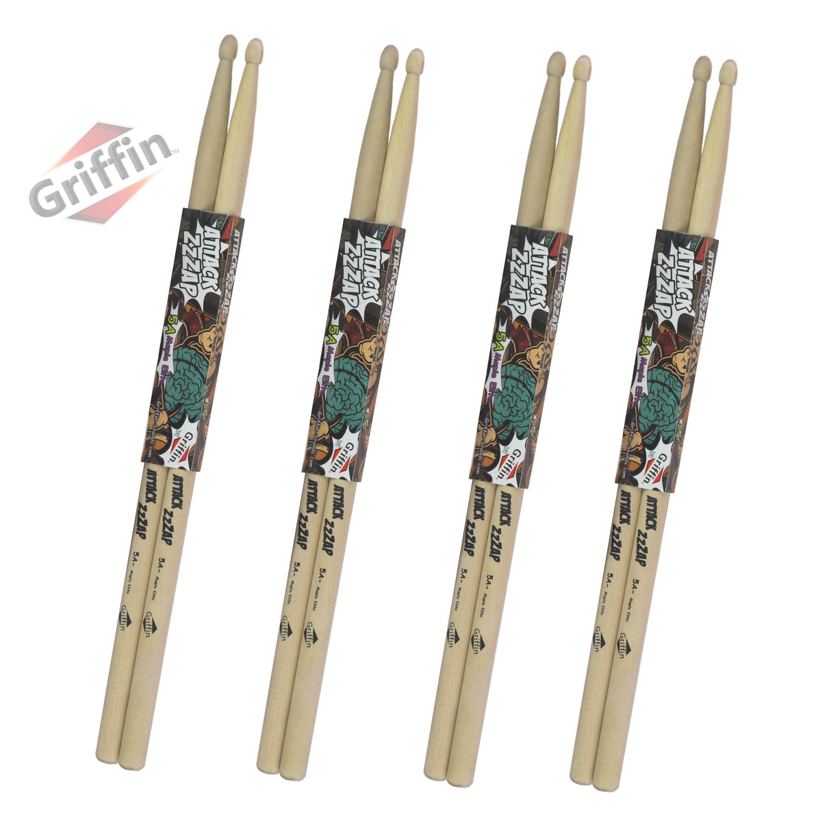 GRIFFIN Attack Zzzap Drum Sticks - 4 Pairs of Select Elite Maple Wood Size 5A - Premium Balanced, Level and Straight - Drummers Percussion Classic Pure Grit by GeekStands.com