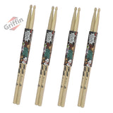 GRIFFIN Attack Zzzap Drum Sticks - 4 Pairs of Select Elite Maple Wood Size 5A - Premium Balanced, Level and Straight - Drummers Percussion Classic Pure Grit by GeekStands.com