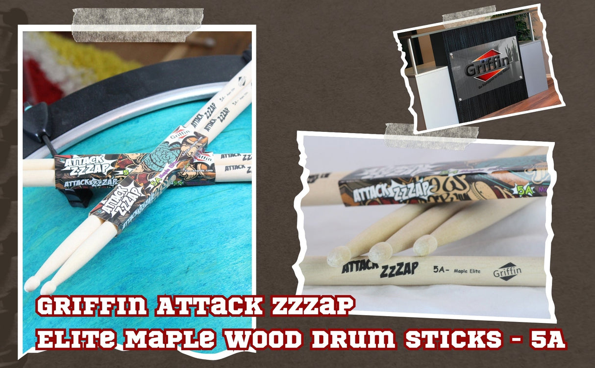 GRIFFIN Attack Zzzap Drum Sticks - 4 Pairs of Select Elite Maple Wood Size 5A - Premium Balanced, Level and Straight - Drummers Percussion Classic Pure Grit Uncoated, Raw Wood Drumming Sticks by GeekStands.com