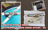 GRIFFIN Attack Zzzap Drum Sticks - 4 Pairs of Select Elite Maple Wood Size 5A - Premium Balanced, Level and Straight - Drummers Percussion Classic Pure Grit Uncoated, Raw Wood Drumming Sticks by GeekStands.com