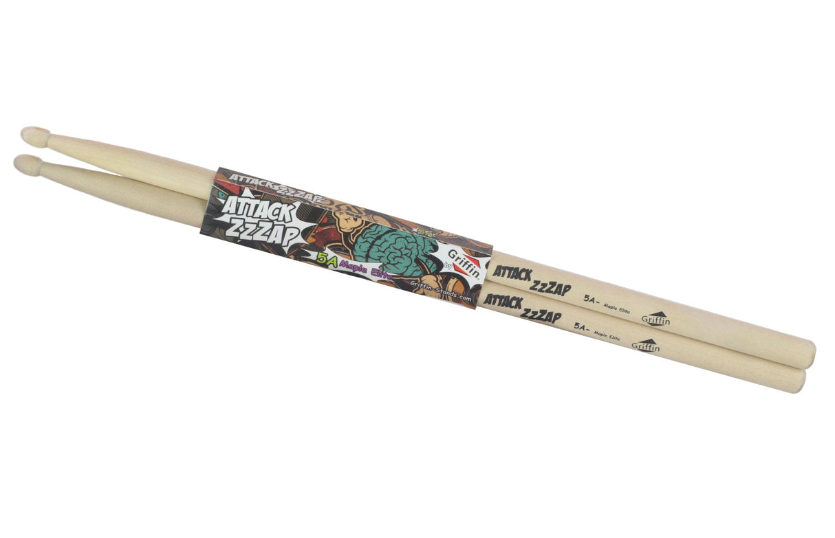 12 Pairs of Select Elite Maple Wood Drum Sticks by GRIFFIN Attack Zzzap - Size 5A Premium Balanced, Level and Straight - Drummers Percussion Classic Pure Grit Uncoated, Raw Wood Drumming Sticks by GeekStands.com