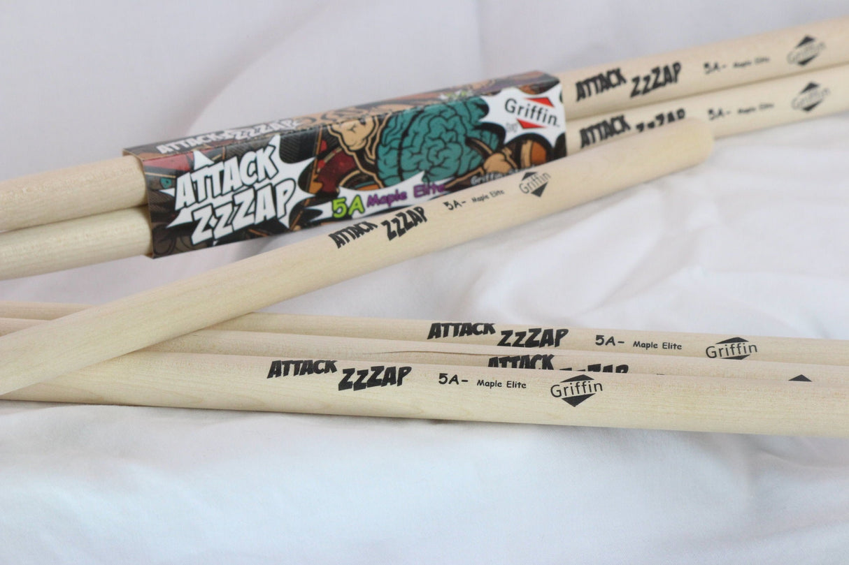 GRIFFIN Attack Zzzap Drum Sticks - 4 Pairs of Select Elite Maple Wood Size 5A - Premium Balanced, Level and Straight - Drummers Percussion Classic Pure Grit by GeekStands.com