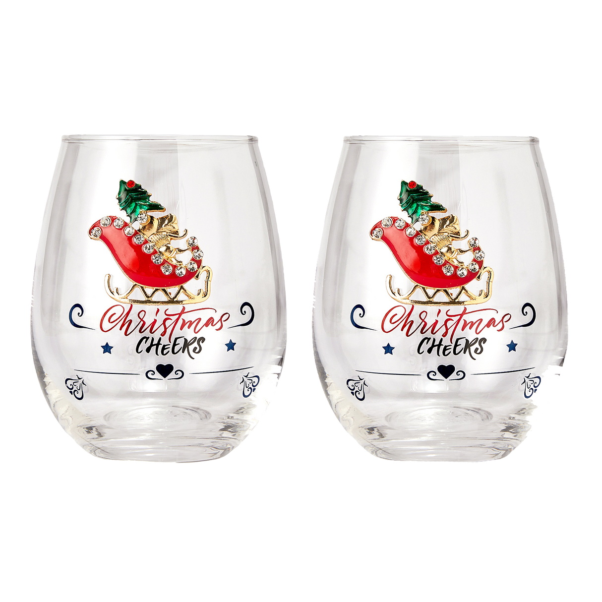 Crystal Christmas Santa's Sleigh Wine & Water Glasses - Set of 2, 17.5oz - Xmas Diamond Merry Christmas Santa Holiday Festive Theme Stemless Glass - New Year Holiday Gifts for Men Women Friend Family by The Wine Savant