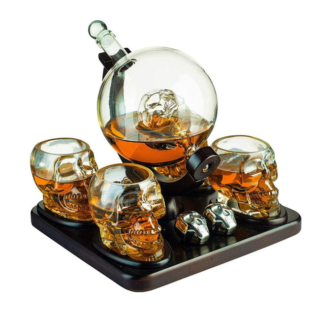 Skull Skeleton Wine & Whiskey Globe Decanter Set 850 mL With 4 Skull Head 3oz Skeletons Shot Glasses And Skull Chillers Wooden Base Decor Glass Goth Spooky Drinking Glassware The Wine Savant by The Wine Savant - Vysn