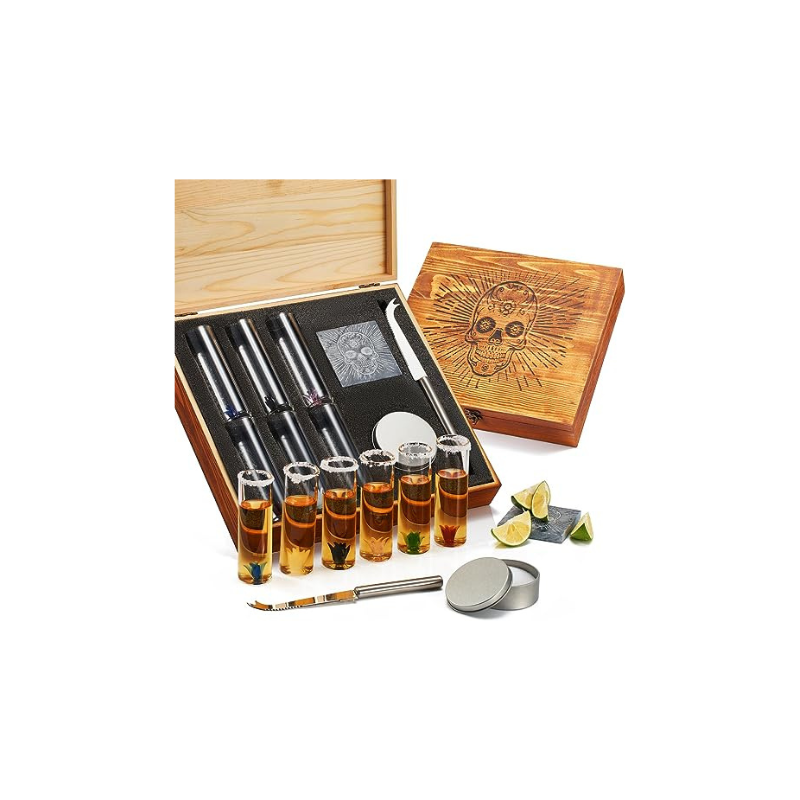 Tequila Shot Glass & Salt Gift Set for Men & Women | Six Agave Shot Glasses, Knife For Limes, One Skull Coaster, One Salt Tin | Skeleton Mahogany Wood Box Package For Tequila, Liquor Lovers by The Wine Savant