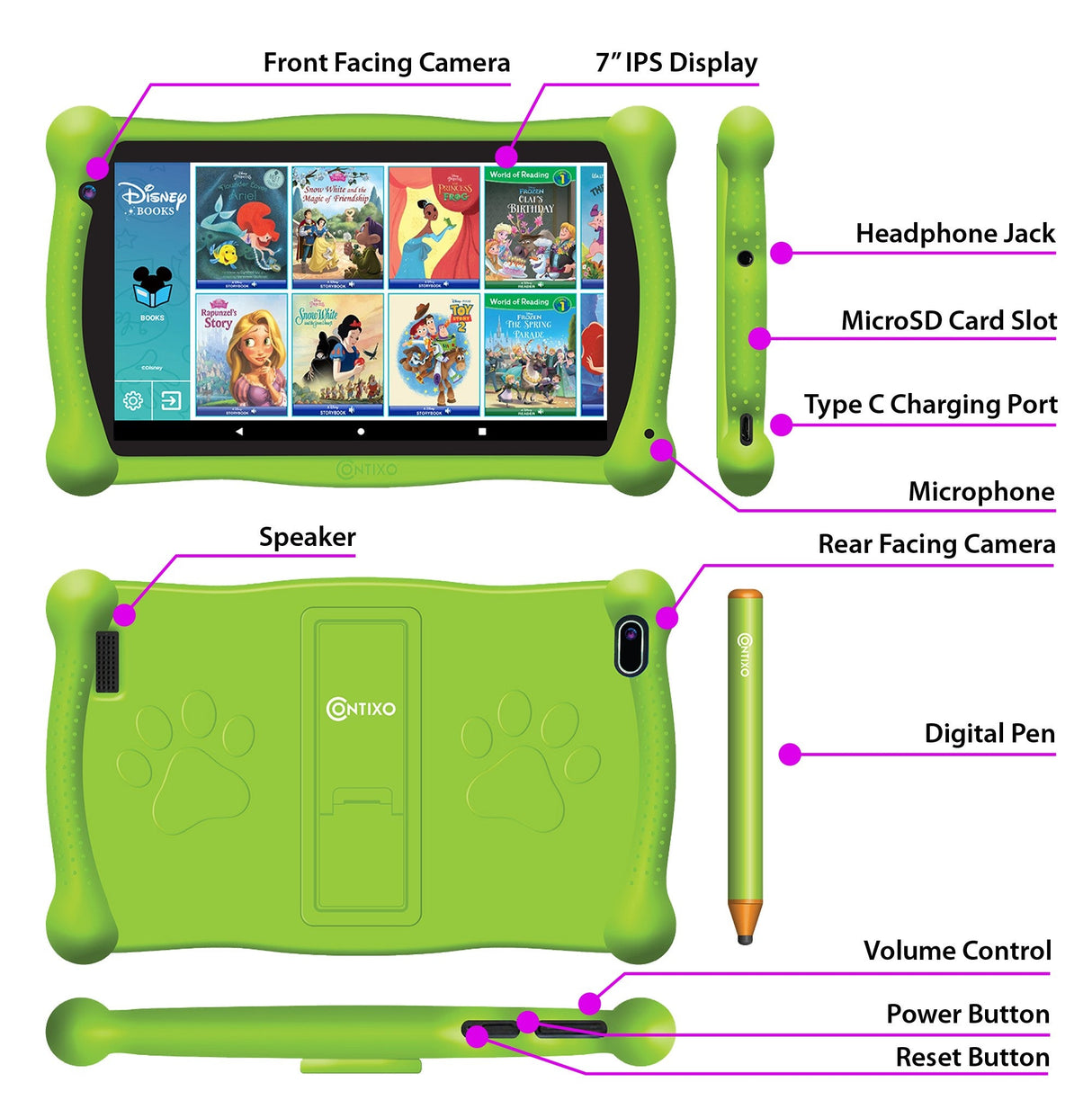 Contixo V10 Kids HD & Bluetooth 7" Tablet - 50 Disney eBooks, Kickstand & Stylus Included by Contixo