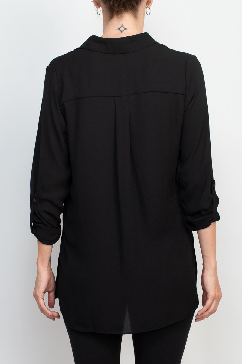 Joan Vass NY collared 3/4 sleeve front button closure chiffon crepe shirt by Curated Brands