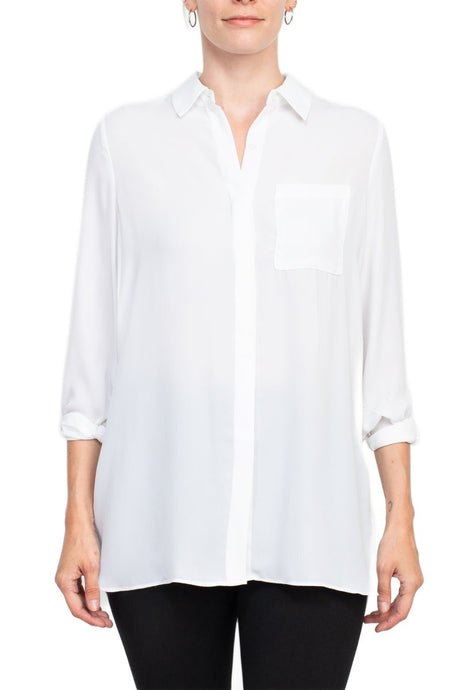 Joan Vass NY collared 3/4 sleeve front button closure chiffon crepe shirt by Curated Brands