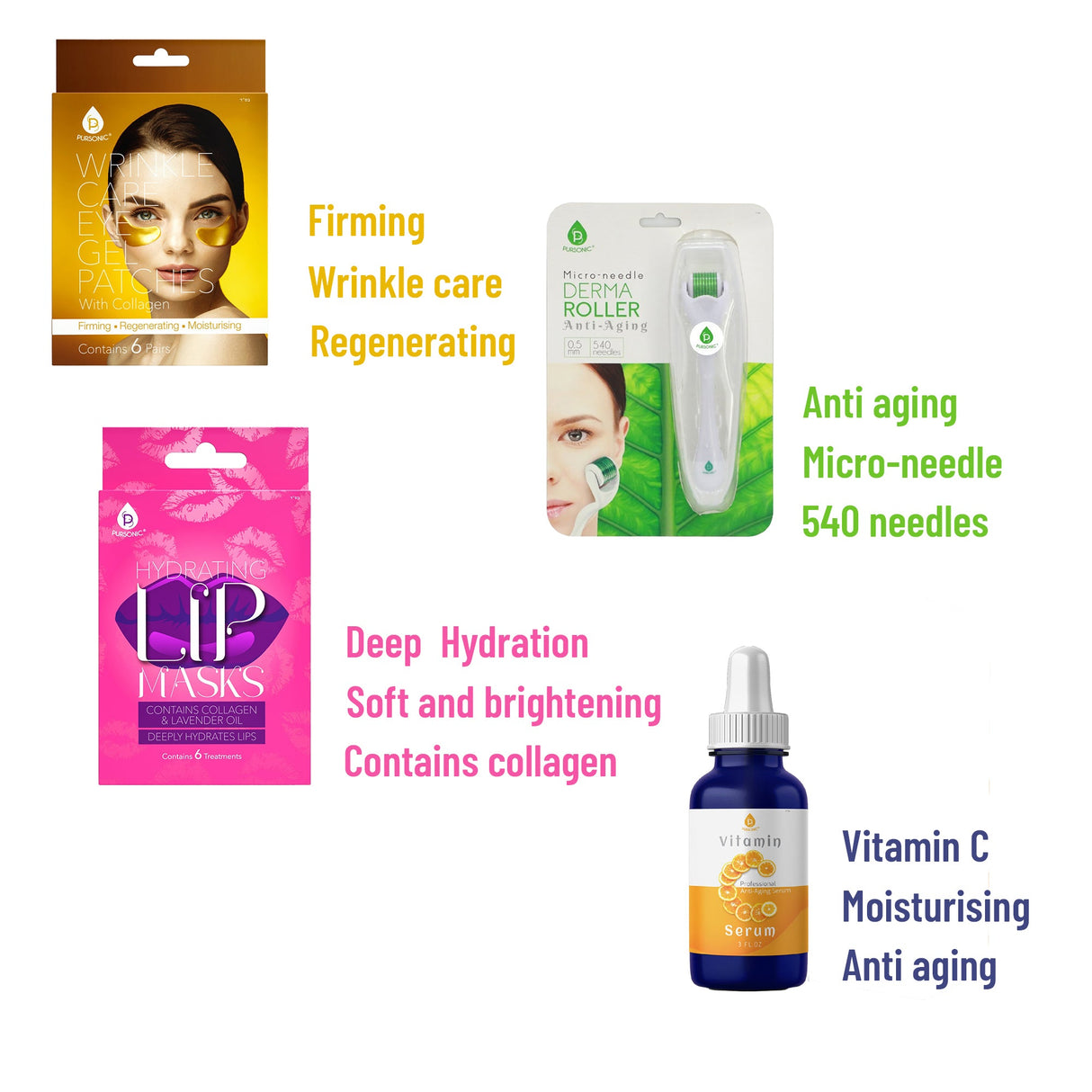 Ultimate Skincare Bundle: Vitamin C Serum (3 fl. oz), Wrinkle Care Eye Gel Patches, Hydrating Lip Masks (Pack of 6), and Micro Needle Derma Roller 0.5 mm by Pursonic