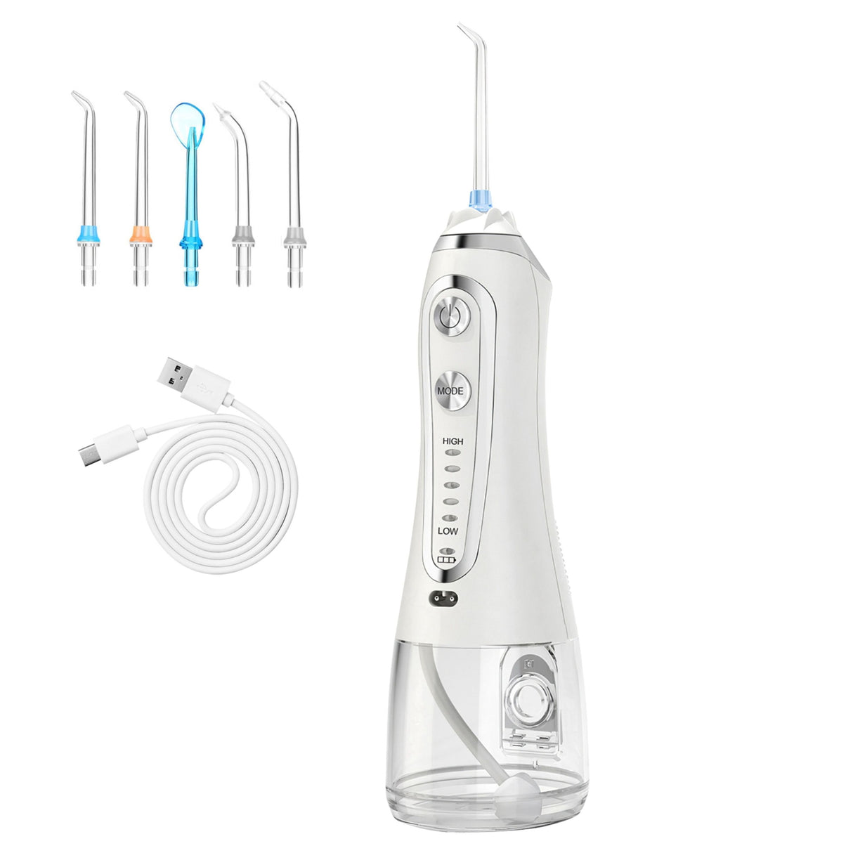 Cordless Rechargeable Water Dental Flosser - 5 Modes, 5 Nozzles, IPX7, 10.14oz Tank - White