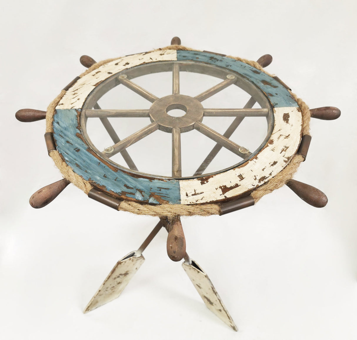 Wheel Table made of Wood, Glass & Metal Paddle Legs - Coastal Decor Coffee Table and End Table by Peterson Housewares & Artwares