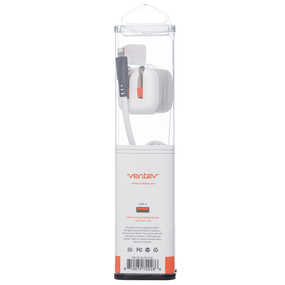 Ventev 12W USB A Wall Charger and USB A to Apple Lightning Cable 3.3ft White by Ventev