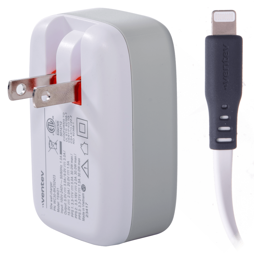 Ventev 30W Wall Charger and USB C to Apple Lightning Cable White by Ventev