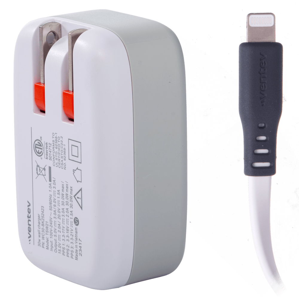 Ventev 30W Wall Charger and USB C to Apple Lightning Cable White by Ventev