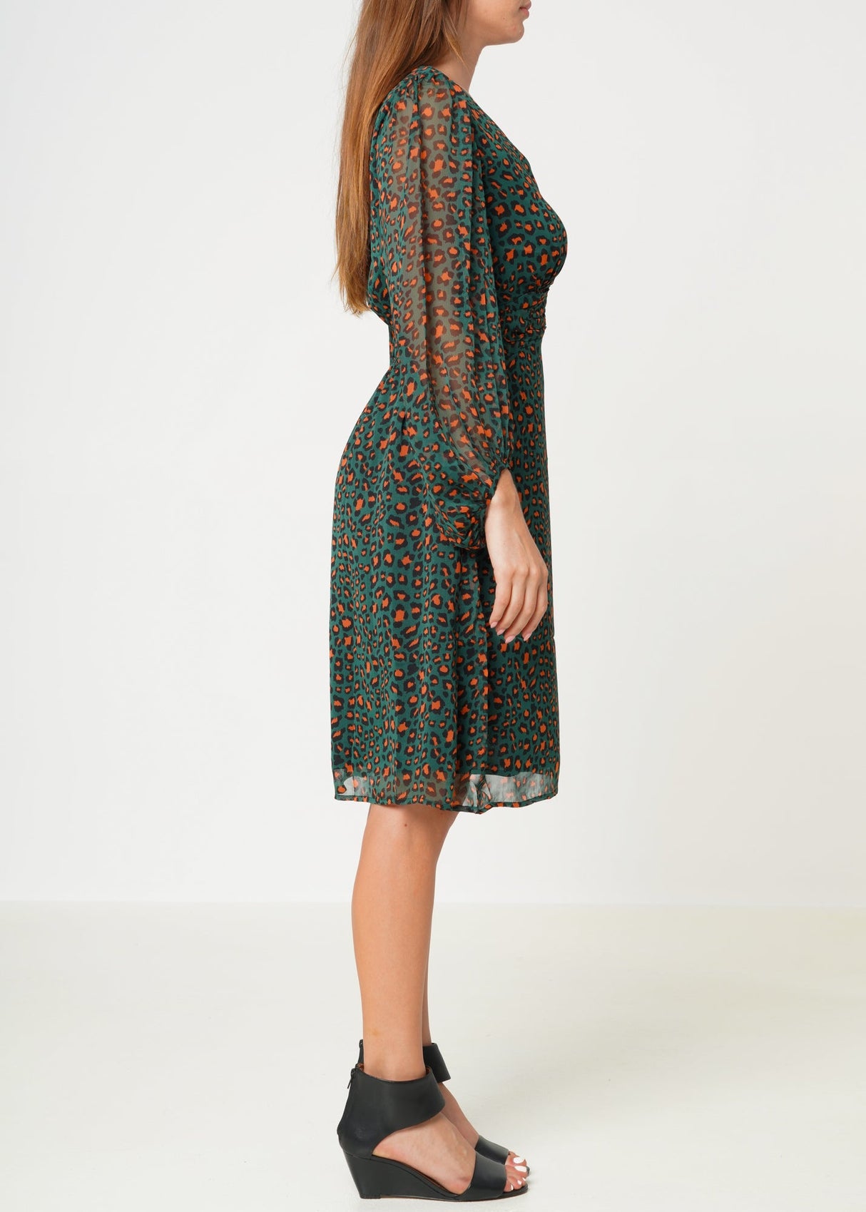 Women's V-neck Midi Dress in Leopard Hunt by Shop at Konus