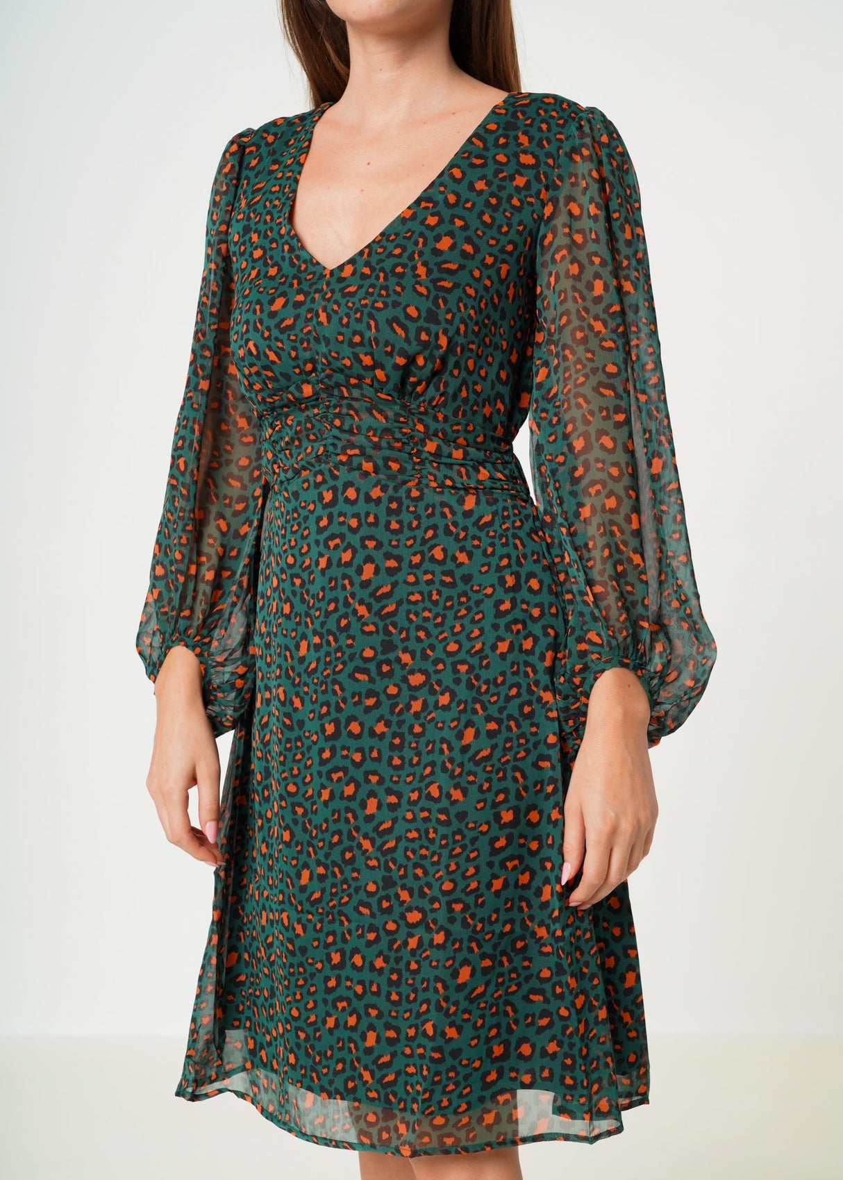 Women's V-neck Midi Dress in Leopard Hunt by Shop at Konus