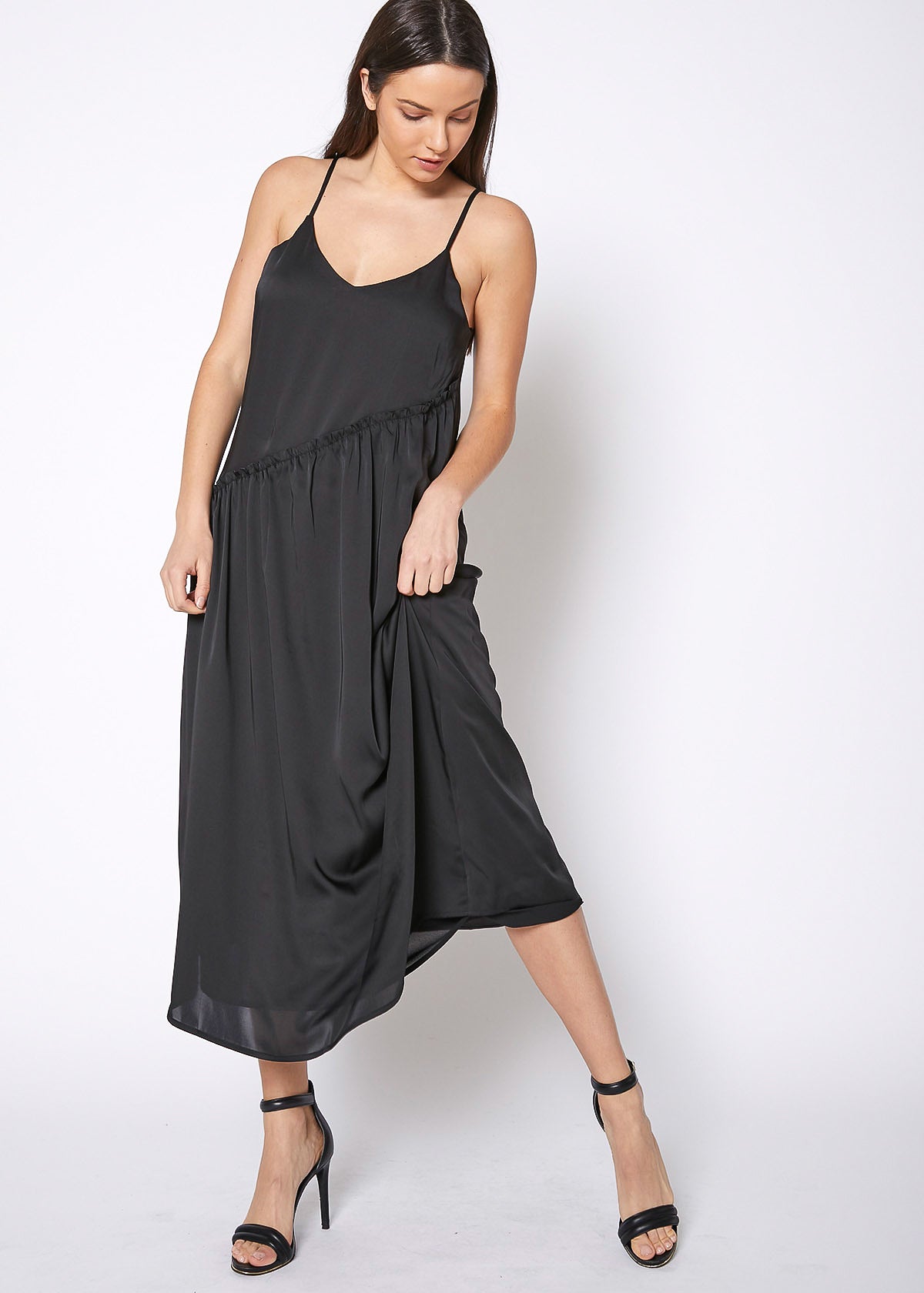 Women's Diagonal Patched Spaghetti Strap Maxi Dress In Black by Shop at Konus