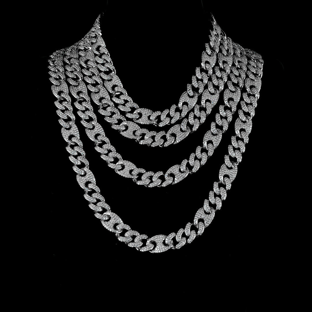 15mm/19mm Diamond Mariner Cuban Chain in Solid Sterling Silver by Custom Gold Grillz