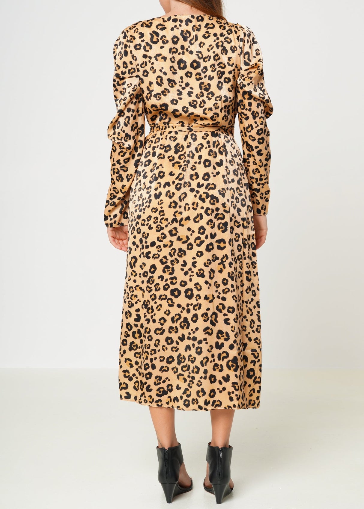 Women's Print Puffy Shoulder Dress in Brown Leopard by Shop at Konus