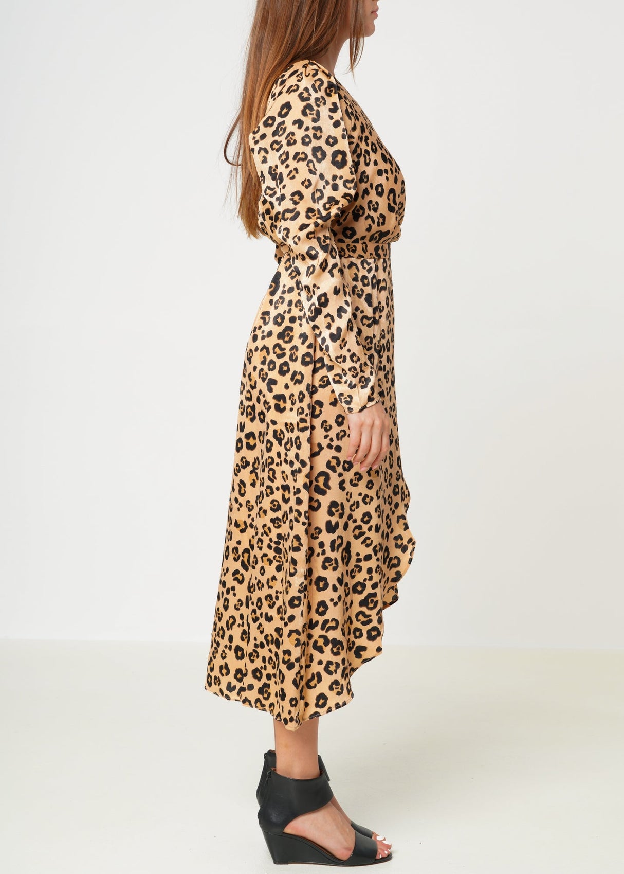 Women's Print Puffy Shoulder Dress in Brown Leopard by Shop at Konus