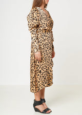 Women's Print Puffy Shoulder Dress in Brown Leopard by Shop at Konus