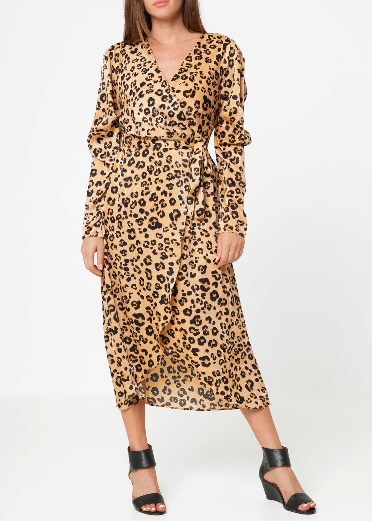 Women's Print Puffy Shoulder Dress in Brown Leopard by Shop at Konus