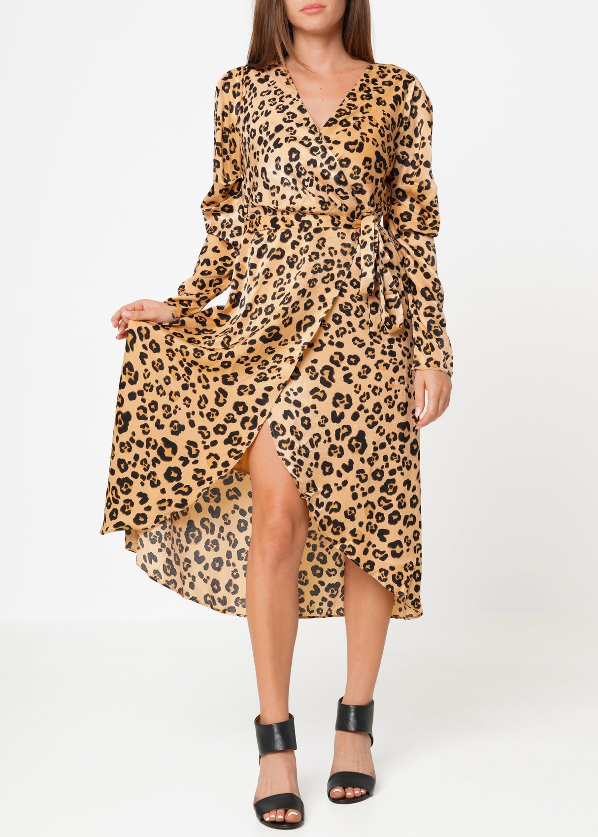 Women's Print Puffy Shoulder Dress in Brown Leopard by Shop at Konus