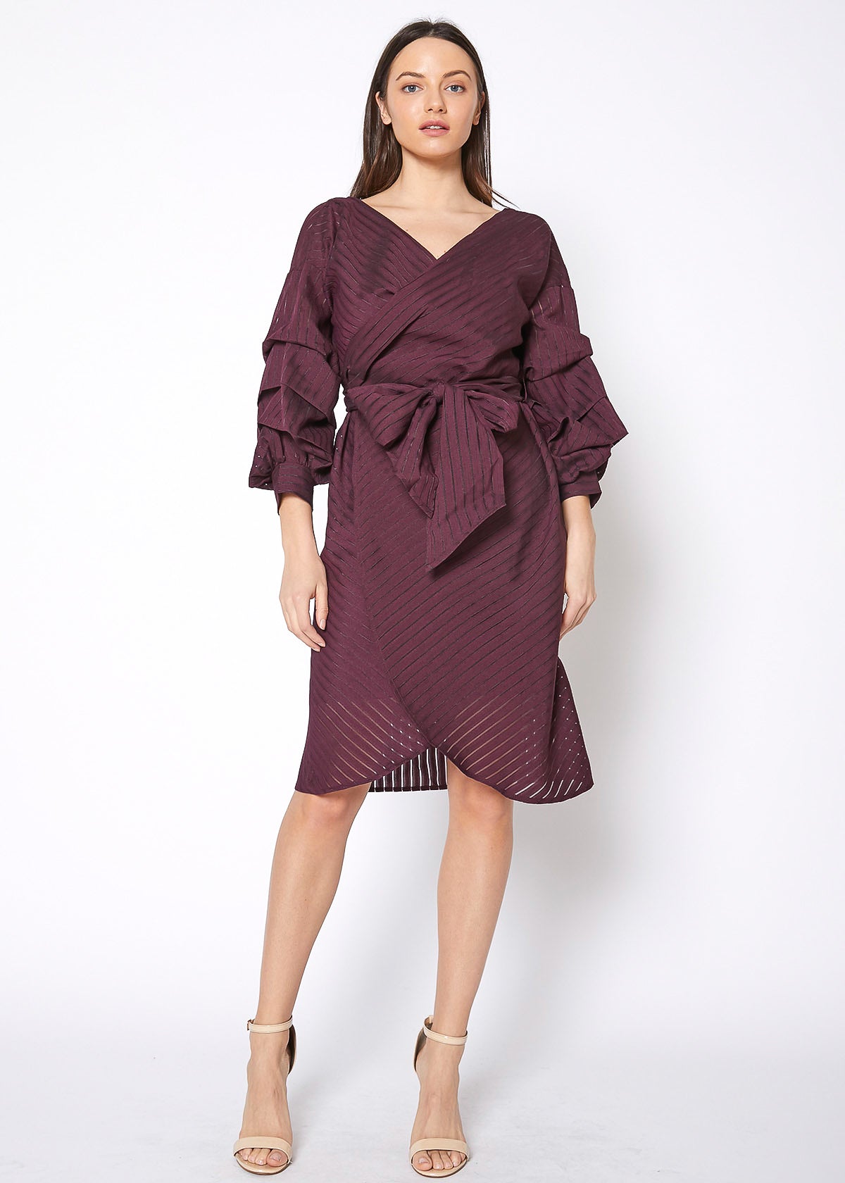 Organza Stripe Wrap Dress In Burgundy by Shop at Konus