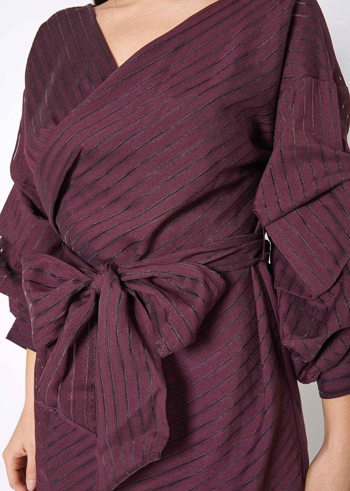 Organza Stripe Wrap Dress In Burgundy by Shop at Konus