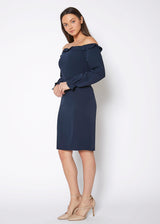 Women's Off Shoulder Bodycon Dress In Navy by Shop at Konus