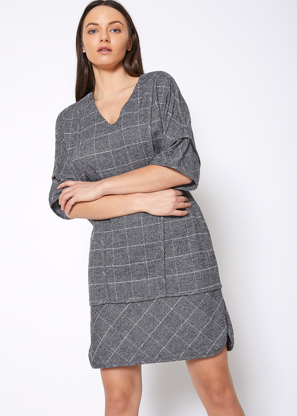 V-Neck Brushed Cotton Check Dress In Grey Plaid by Shop at Konus