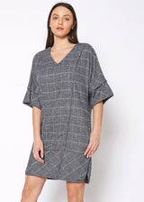 V-Neck Brushed Cotton Check Dress In Grey Plaid by Shop at Konus