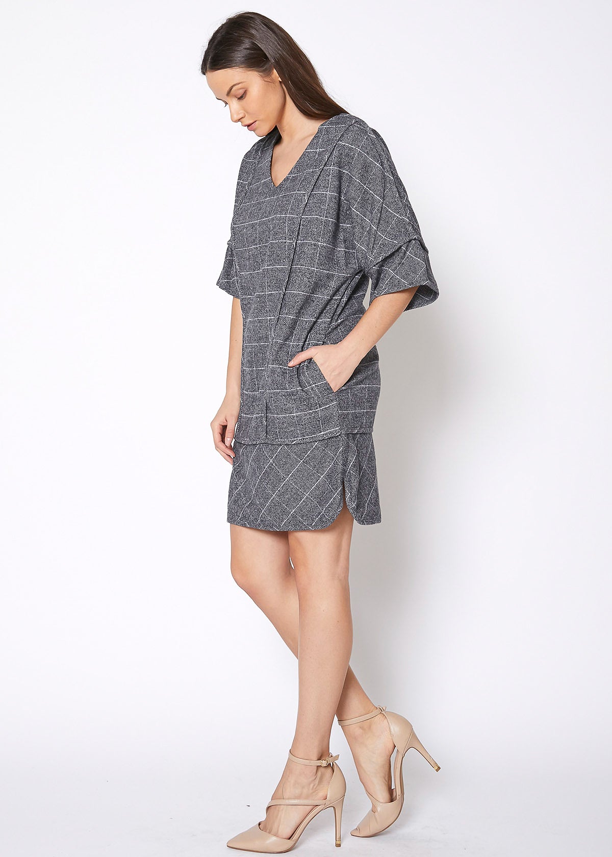 V-Neck Brushed Cotton Check Dress In Grey Plaid by Shop at Konus