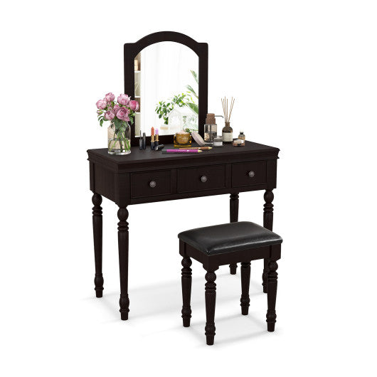 Makeup Vanity Table and Stool Set with Detachable Mirror and 3 Drawers Storage-Walnut